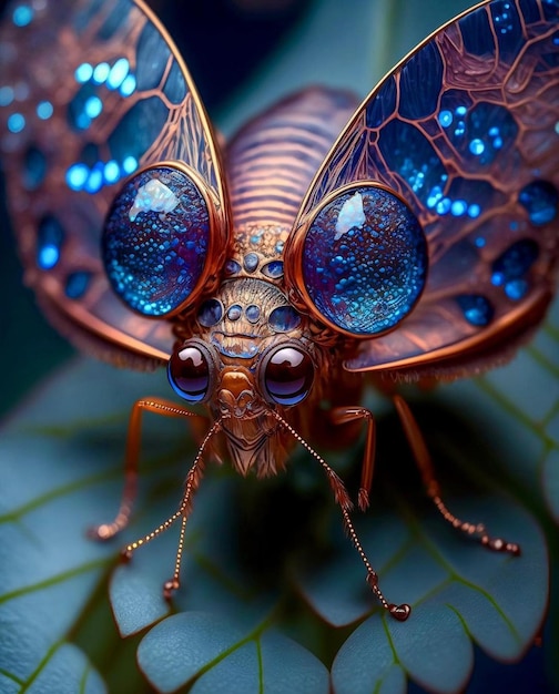 Uma borboleta com olhos azuis e uma folha verde.