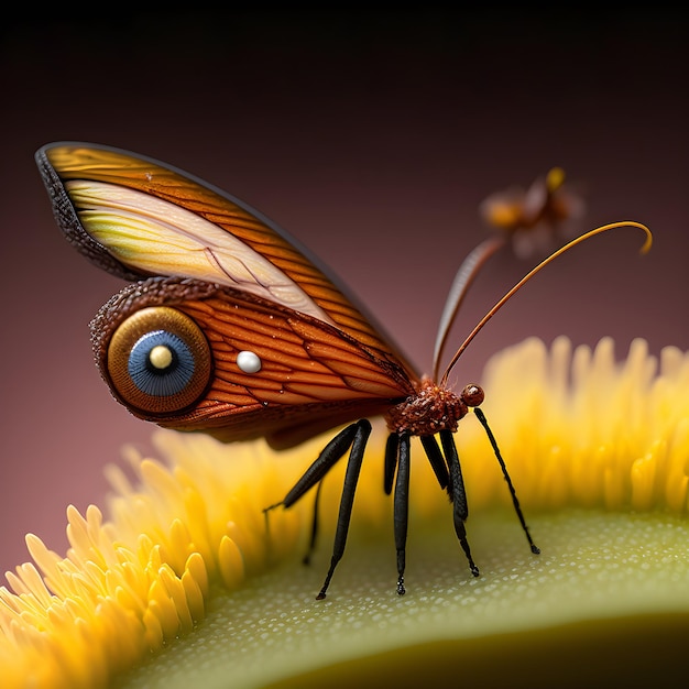 Uma borboleta com uma asa amarela e laranja e um olho roxo.