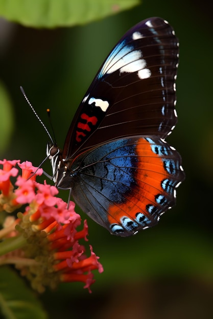 Uma borboleta com uma mancha vermelha e azul na asa