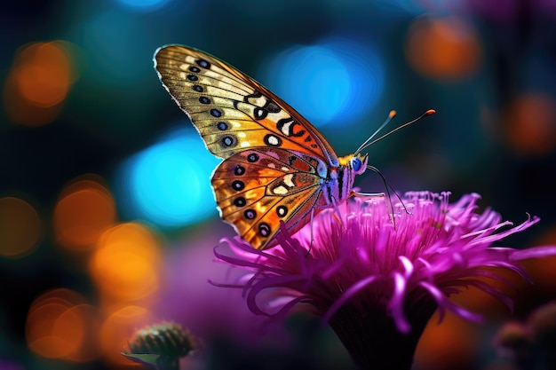 Uma borboleta delicada em cima de uma flor vibrante capturando detalhes intrincados de suas asas iridescentes e as texturas delicadas das pétalas das flores.