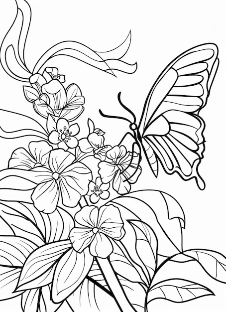 uma borboleta e flores páginas de colorir generativo ai