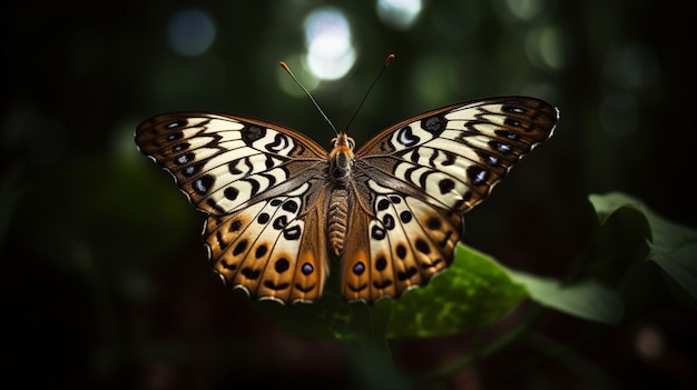 Uma borboleta é mostrada em uma folha na floresta.