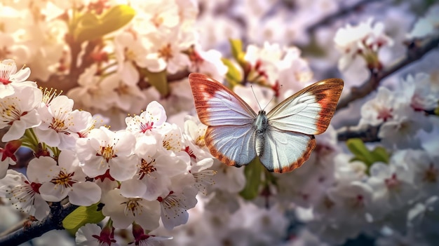 Uma borboleta em um galho de flores de cerejeira