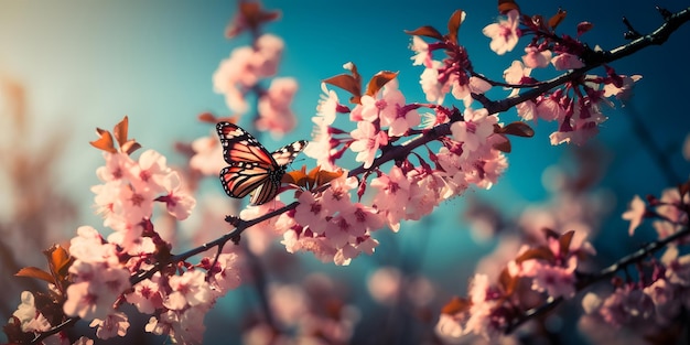 Uma borboleta em um galho de flores de cerejeira