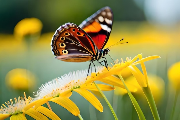 Uma borboleta em uma flor com flores amarelas ao fundo