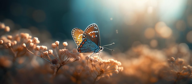 Uma borboleta em uma flor com o sol brilhando atrás dela