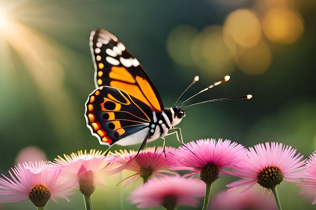 Uma borboleta em uma flor com o sol brilhando sobre ela