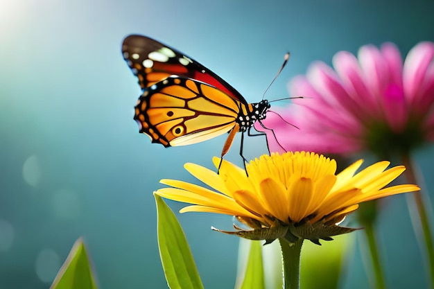 Uma borboleta em uma flor com um fundo azul