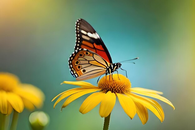 Uma borboleta em uma flor com um fundo azul