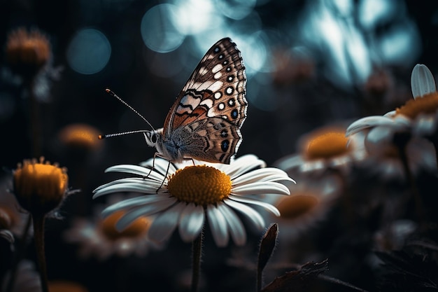 Uma borboleta em uma flor com um fundo escuro