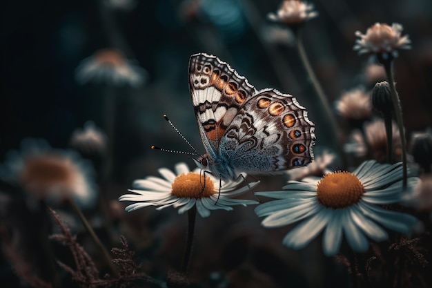 Uma borboleta em uma flor com um fundo escuro