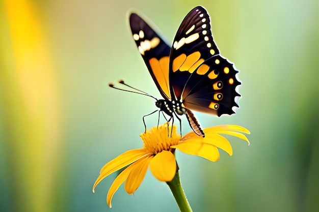 Uma borboleta em uma flor com um fundo verde