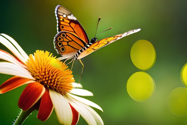 Uma borboleta em uma flor com um fundo verde