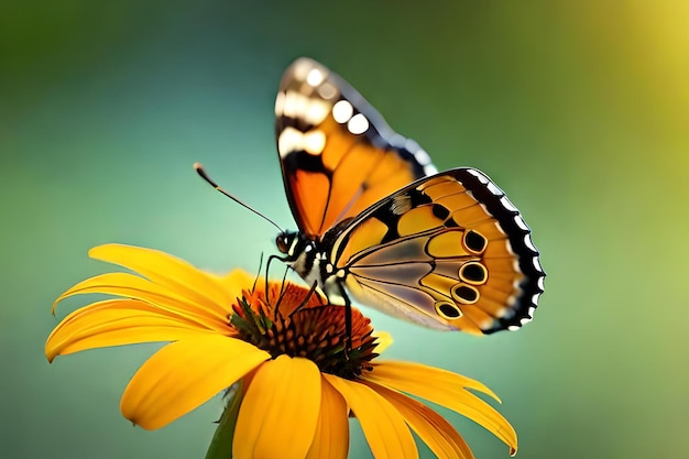 Uma borboleta em uma flor com um fundo verde
