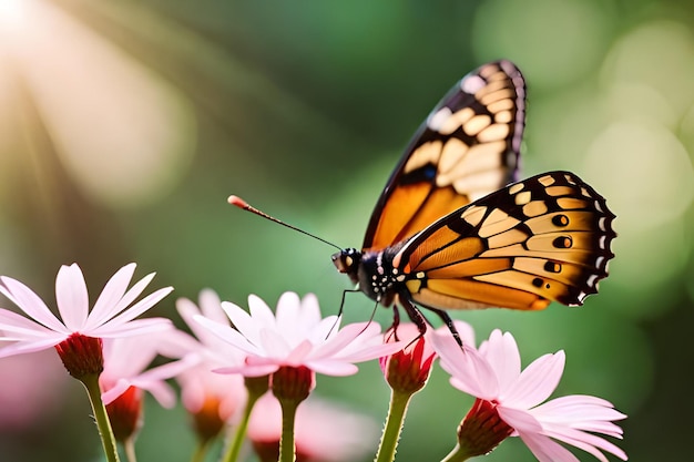 Uma borboleta em uma flor rosa