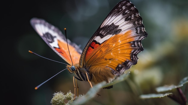 Uma borboleta em uma planta com fundo preto