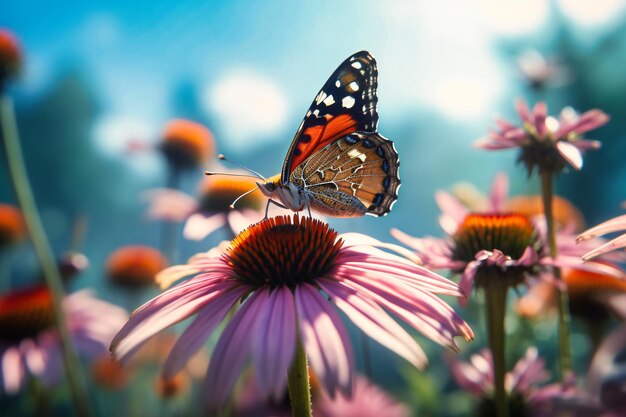 Uma borboleta empoleirada em um coneflower roxo com um céu azul ao fundo