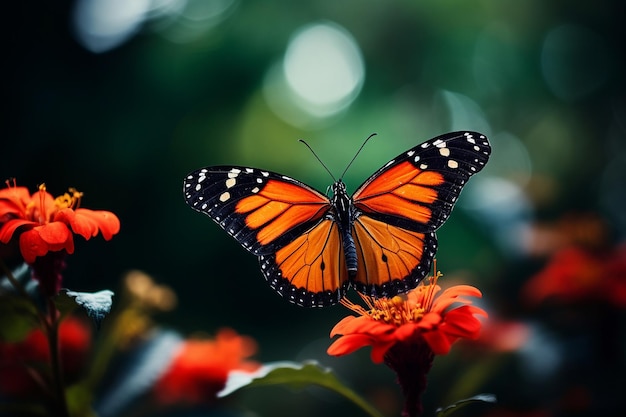 Uma borboleta empoleirada em uma flor vibrante com foco suave criando uma atmosfera de sonho