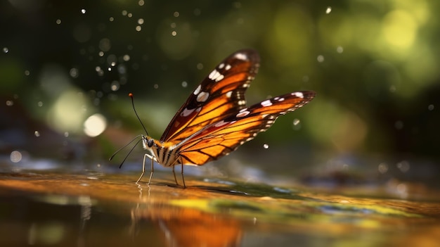 Uma borboleta está bebendo água de uma poça.