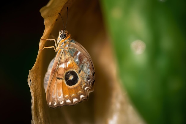 Uma borboleta está descansando em uma folha na chuva.