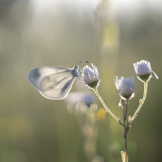 uma borboleta está em uma flor com um fundo desfocado