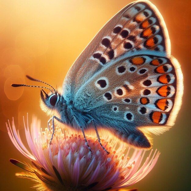 uma borboleta está em uma flor com um fundo vermelho