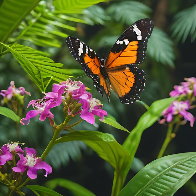 uma borboleta está em uma flor na floresta