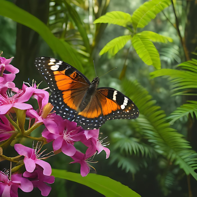 uma borboleta está em uma flor na floresta