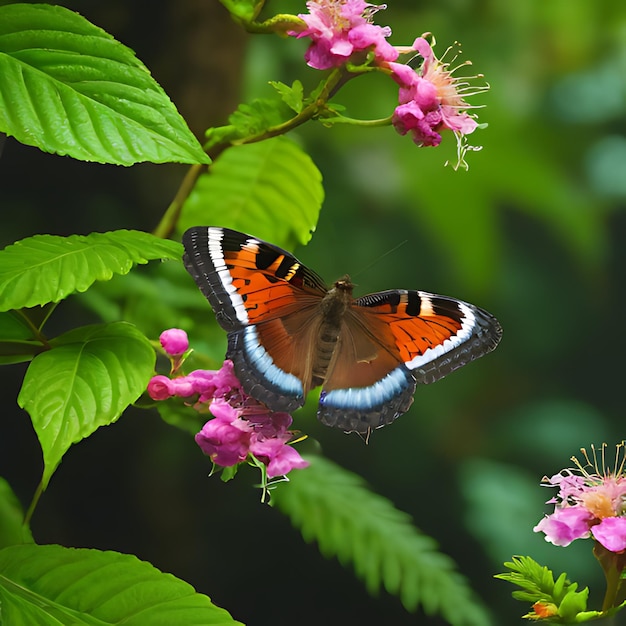 uma borboleta está em uma flor rosa na floresta