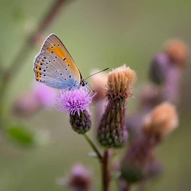 uma borboleta está em uma flor roxa com o número 7 nela