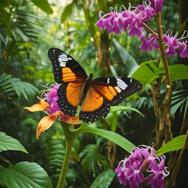 uma borboleta está em uma flor roxa na selva