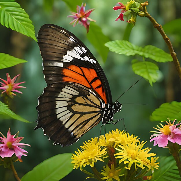 Uma borboleta está numa flor e a borboleta vai voar.