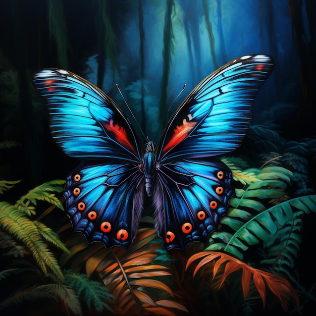 uma borboleta está sentada em algumas flores na floresta