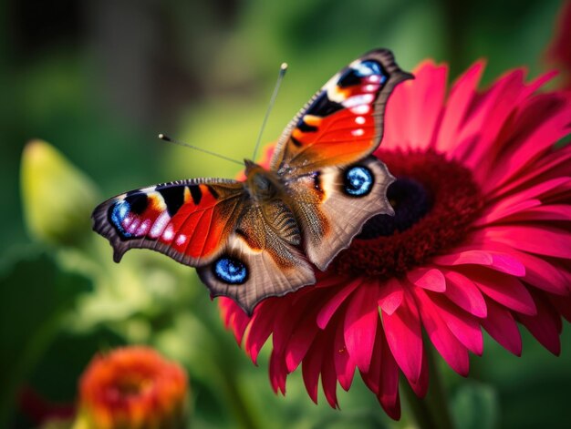 Foto uma borboleta está sentada em uma flor vermelha generativa ai imagem