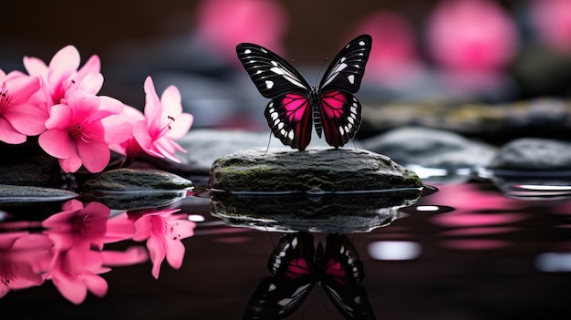 Uma borboleta está sentada em uma rocha com flores cor-de-rosa ao fundo.