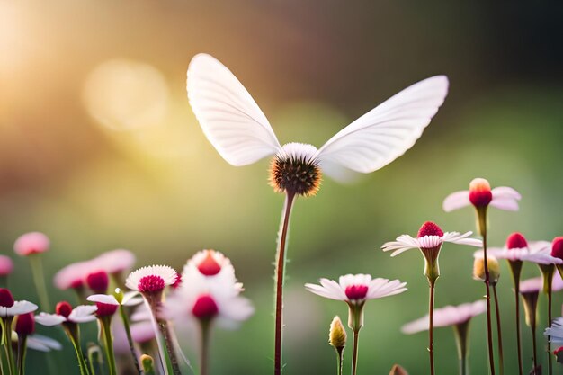 uma borboleta está voando sobre algumas flores ao sol.