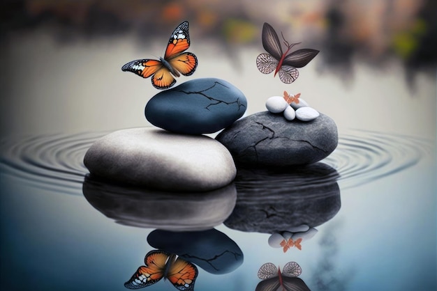 Uma borboleta está voando sobre rochas e uma borboleta está acima delas.