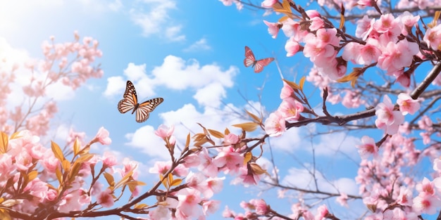 uma borboleta está voando sobre uma árvore com flores cor de rosa