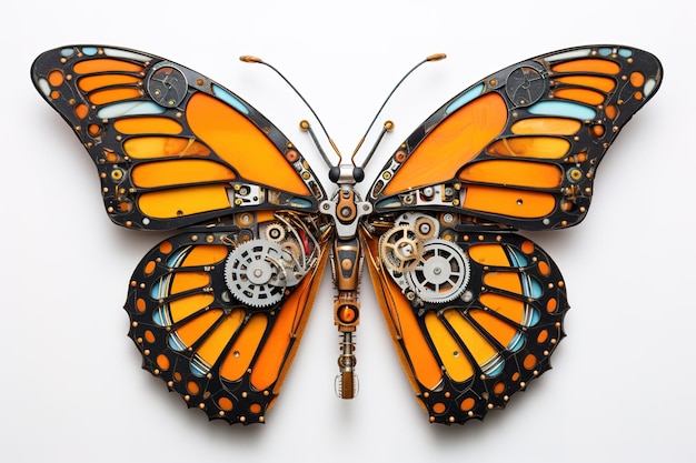 Uma borboleta feita de máquinas eletrônicas em um fundo branco Ilustração de insetos IA generativa