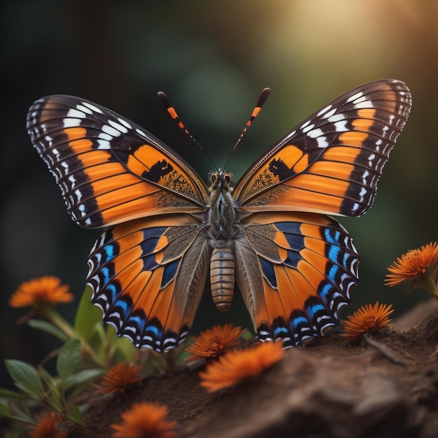 Uma borboleta laranja e azul com uma ponta azul