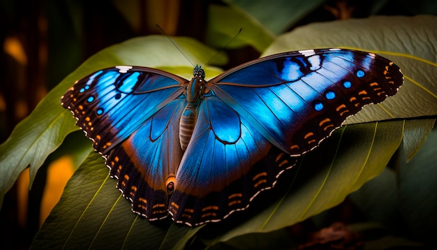 Uma borboleta morfo azul senta-se em uma folha.