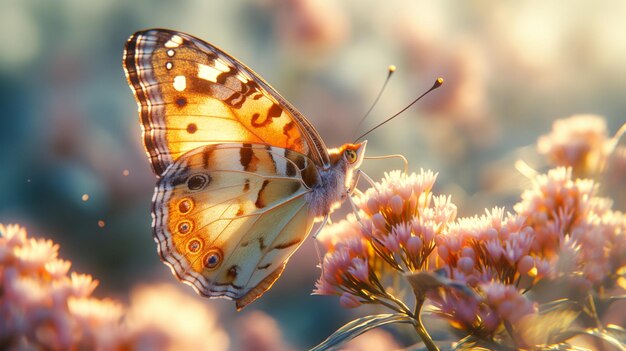 Foto uma borboleta pintada descansando em um aglomerado de flores em flor em um campo iluminado
