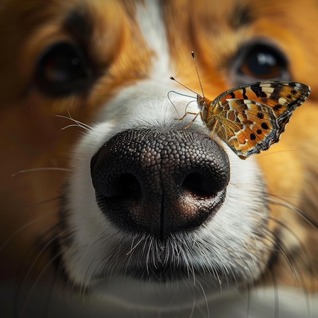 Uma borboleta pintada senta-se suavemente no focinho de um corgi. Suas asas intrincadas contrastam com a pele macia do cão. Ambos os sujeitos estão em foco contra um fundo macio.