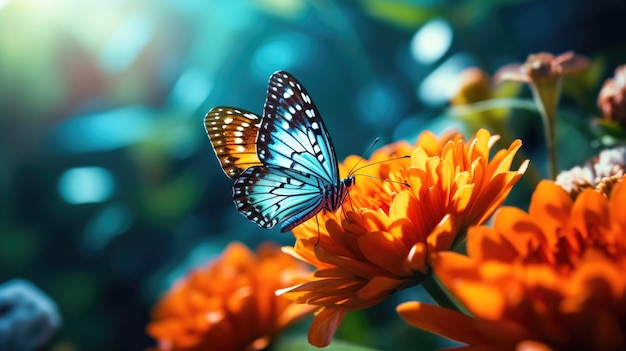 Uma borboleta polinizadora com um inseto colorido em um polinizador de flores