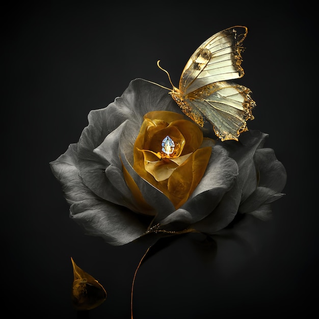 Uma borboleta pousa em uma rosa com um diamante nela.