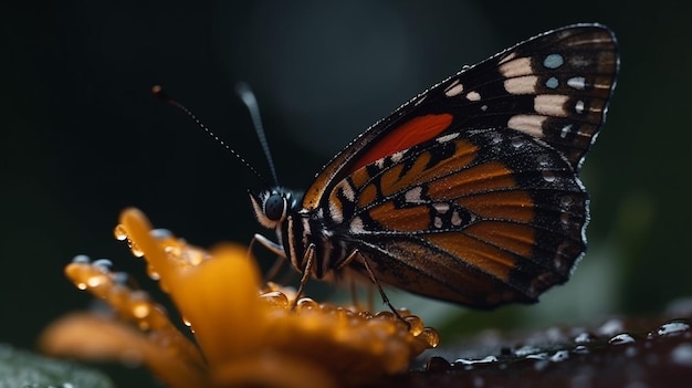 Uma borboleta pousa sobre uma flor com as asas abertas.