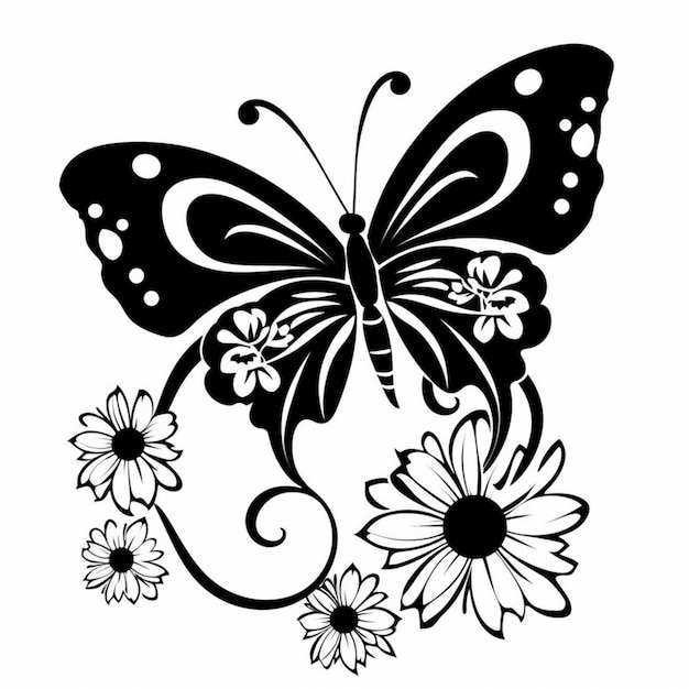 uma borboleta preta e branca com flores e margaridas em um fundo branco generativo ai