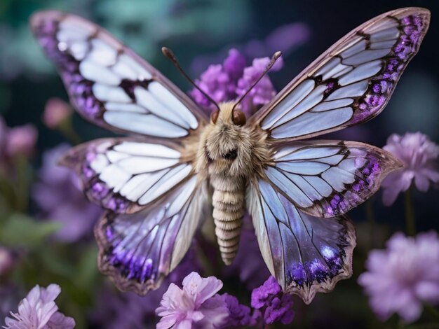 uma borboleta que está em algumas flores com flores roxas