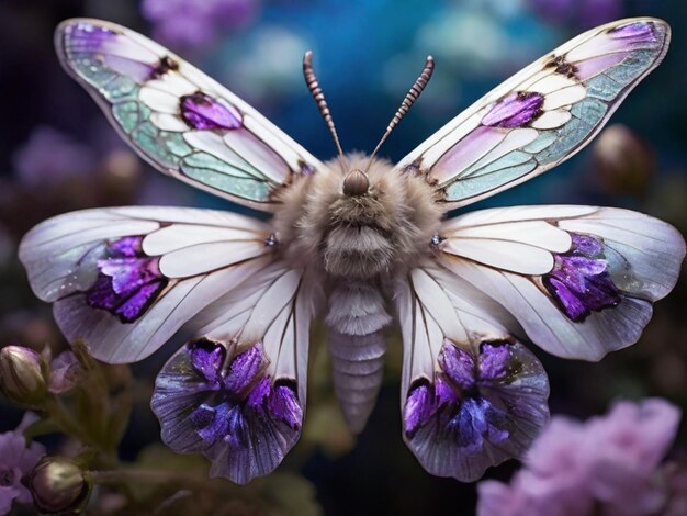 uma borboleta que está em uma flor com flores roxas