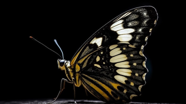 Uma borboleta repousa sobre uma superfície preta.